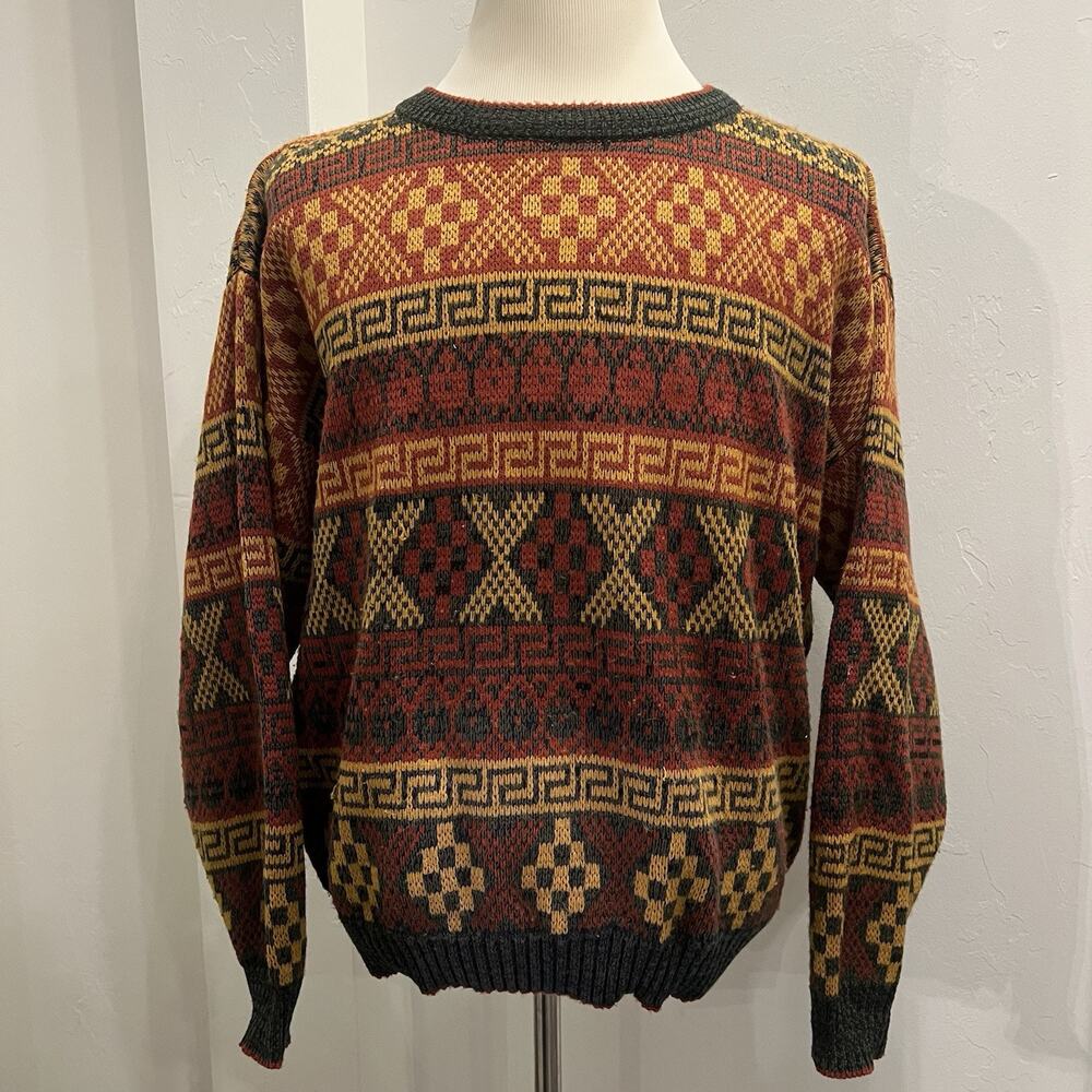 Vintage Atlantic Traders Knit Sweater Mens XL Brown Aztec Fair Isle